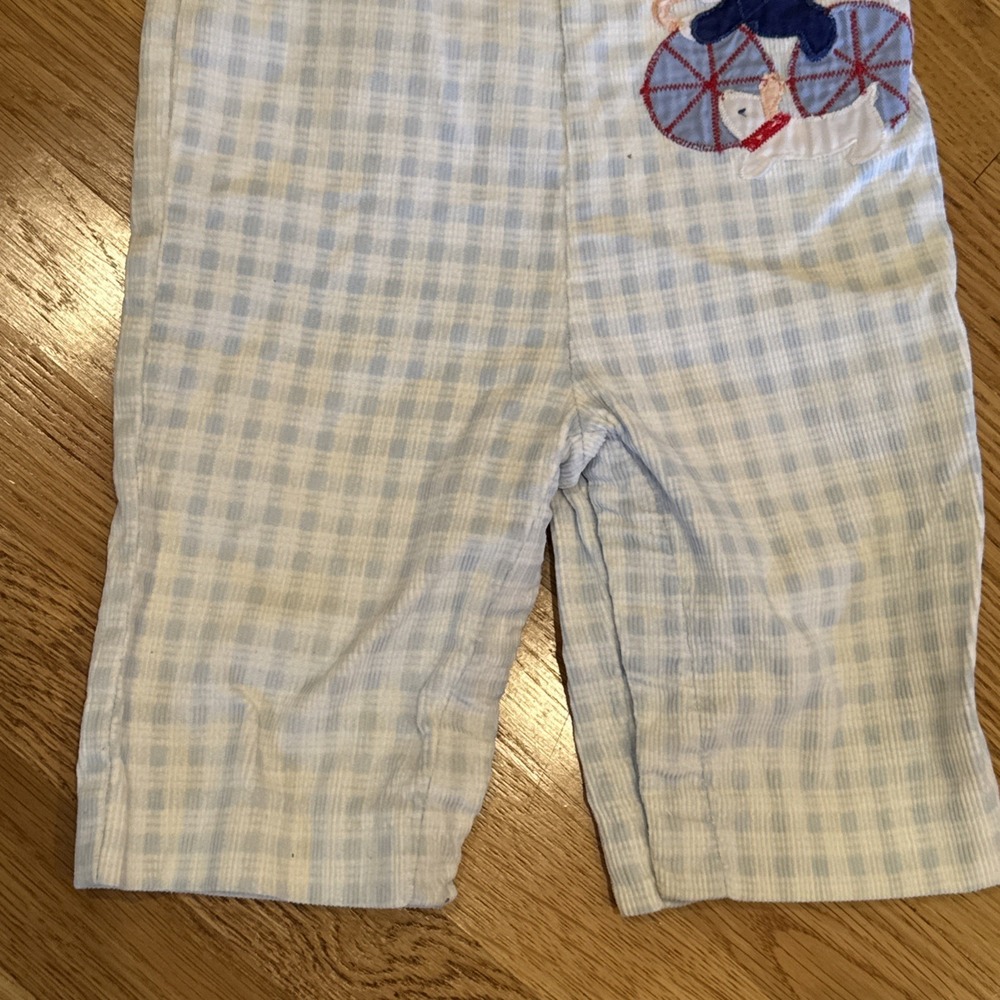 Vintage Boys Overall 18 Months Blue Plaid Corduroy Boy Bike Embroidered Longall - Picture 3 of 9